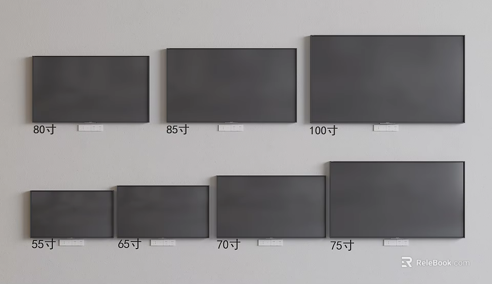 Different Size Televisions Displayed On Wall With 65 70 75 85 100 Inch Labels 3d model 