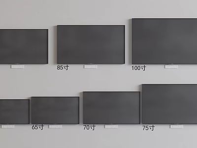 Different Size Televisions Displayed On Wall With 65 70 75 85 100 Inch Labels 3d model