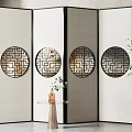 Four Panel Room Divider with Circular Lattice Patterns Modern Chinese Style Light Panels Dark Frames 3d model