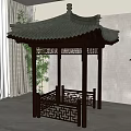 Indoor Chinese Style Wooden Garden Pavilion With Green Tiled Roof Carved Railings And Plants