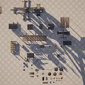 Desert Landscape Featuring Large Wooden Crane Scattered Wooden Structures and Tools on Grid Patterned Ground