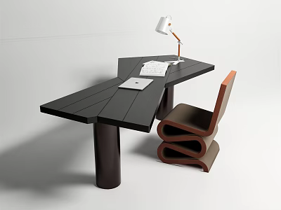 Modern Black Wooden Desk With Adjustable Lamp Curved Chair And Open Notebook On Surface 3d model
