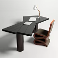 Modern Black Wooden Desk With Adjustable Lamp Curved Chair And Open Notebook On Surface