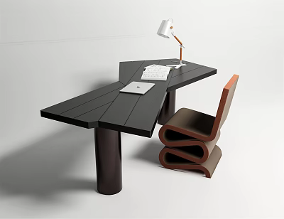 Modern Black Wooden Desk With Adjustable Lamp Curved Chair And Open Notebook On Surface 3d model