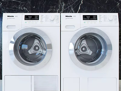 Two Haier White Front Load Washing Machines With Control Panel And Stainless Steel Door 3d model
