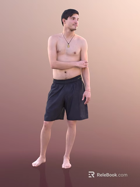 Shirtless Man With Hand On Arm Wearing Necklace In Black Shorts Against Gradient Brown Background 3d model 