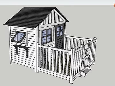 White Wooden House With Black Roof Porch Railing And Windows 3d model