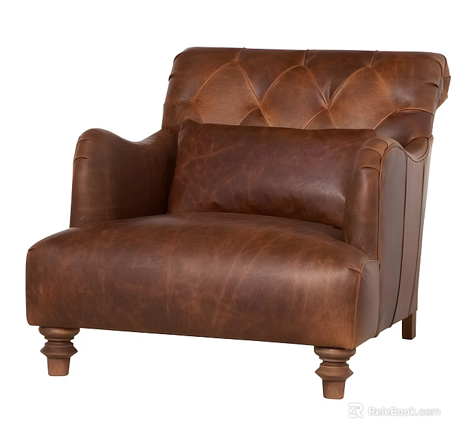 Classic Brown Leather Armchair with Tufted Backrest Wide Armrests and Sturdy Wooden Legs 3d model 
