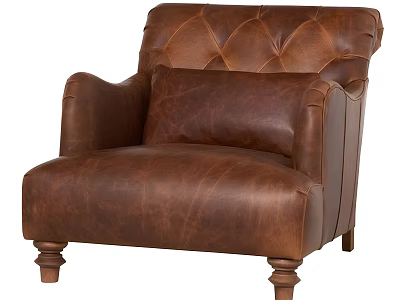 Classic Brown Leather Armchair with Tufted Backrest Wide Armrests and Sturdy Wooden Legs 3d model