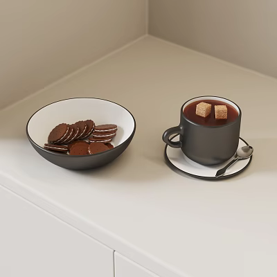 Hot Beverage in Black Mug with Sugar Cubes and Cookies in Bowl on White Table 3d model