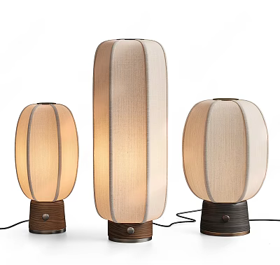 Three Modern Table Lamps with Fabric Shades Wooden Bases and Warm Lighting 3d model