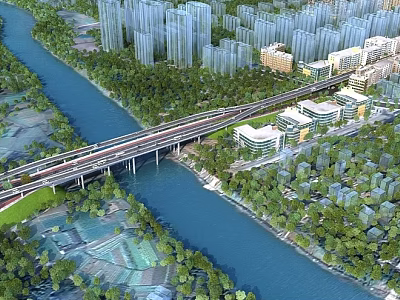Municipal Road Bridge Over River Surrounded by High Rise Buildings and Green Trees 3d model