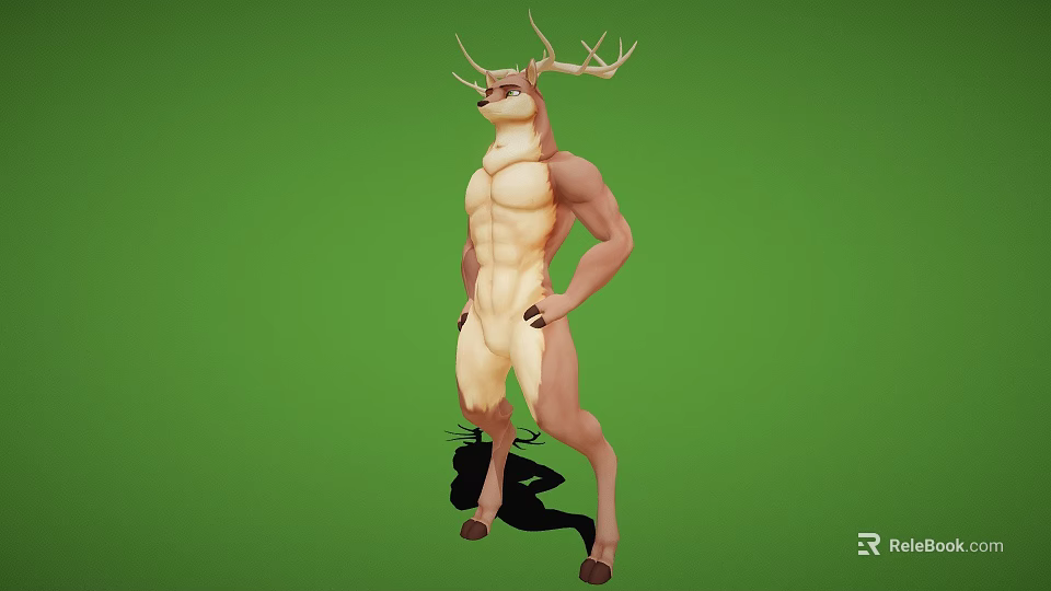 Game Movie Character Deer Human Hybrid With Muscular Build And Antlers On Green Background 3d model 