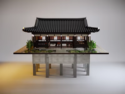 Traditional Asian Wooden House Featuring Black Tiled Roof And Supporting Pillars With Garden Plants 3d model