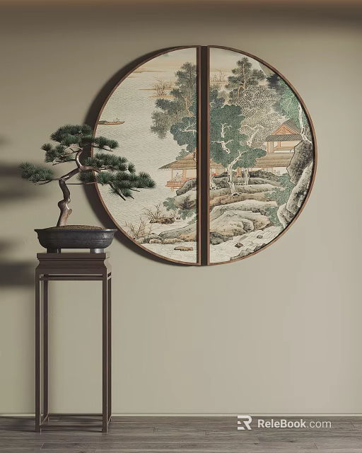 Chinese Style Interior With Circular Landscape Screen And Bonsai On Black Stand 3d model 