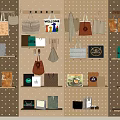 Stylish Bags and Boxes Hanging on Pegboard Wall with Shelves and Welcome Sign