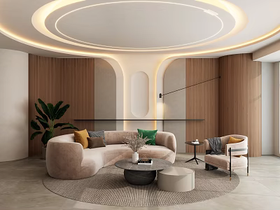 Modern Living Room Interior Design With Beige Sofa Circular Ceiling Light And Wooden Wall 3d model