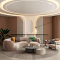 Modern Living Room Interior Design With Beige Sofa Circular Ceiling Light And Wooden Wall
