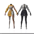 Stylish Fashion Outfits On Mannequins With Yellow Top White Shorts And Dark Skirt