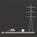 3D Power Facility Model with High Voltage Tower Utility Truck Road and Green Area