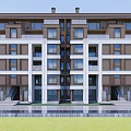 Modern Multistory Residential Building With Balconies Windows Grass Lawn And Water Pool
