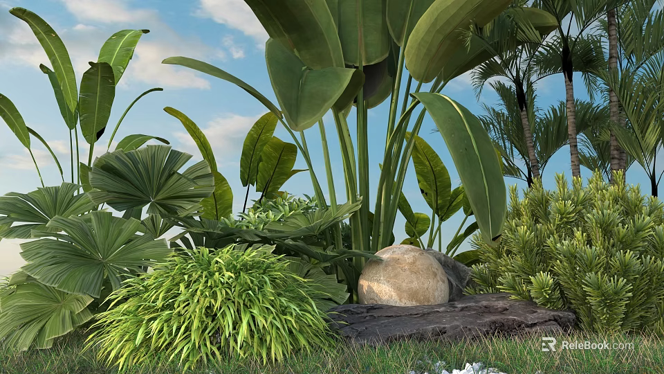 Vibrant Green Shrub in Tropical Garden With Large Leaves Stone and Lush Foliage Accents 3d model 