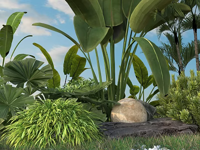 Vibrant Green Shrub in Tropical Garden With Large Leaves Stone and Lush Foliage Accents 3d model