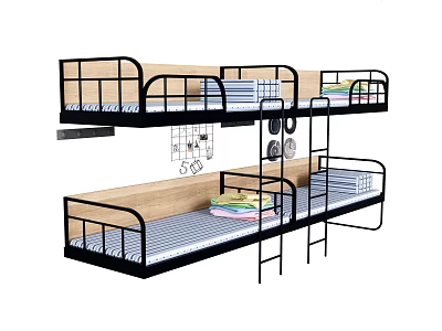 Bunk Bed With Black Metal Frame Wooden Panels Ladder And Striped Mattress Bedding 3d model