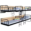Bunk Bed With Black Metal Frame Wooden Panels Ladder And Striped Mattress Bedding