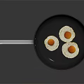 Black Frying Pan With Silver Handle And Three Fried Eggs On Dark Background 3d model