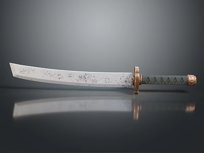 Silver Forged Blade Sword With Black Gold Diamond Handle On Dark Reflective Surface 3d model
