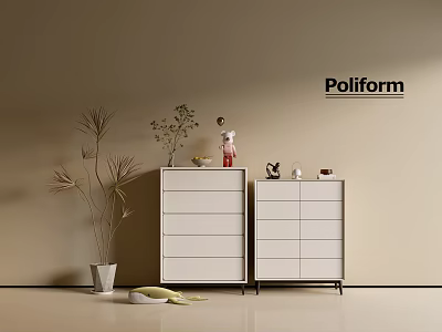Poliform White Console And Side Cabinets With Decorative Items And Potted Plants 3d model