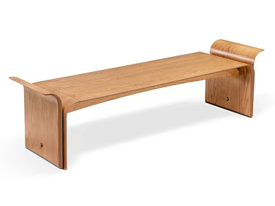 Modern Minimalist Solid Wooden Bench With Curved Armrest And Natural Finish 3d model