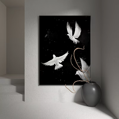 Animal Painting White Doves Flying on Black Background with Decorative Vase in Interior 3d model
