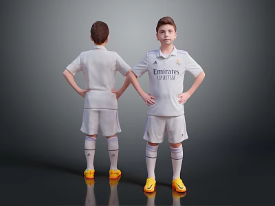 Boys in White Emirates Soccer Jerseys Standing Hands on Hips Back Front View Yellow Cleats 3d model