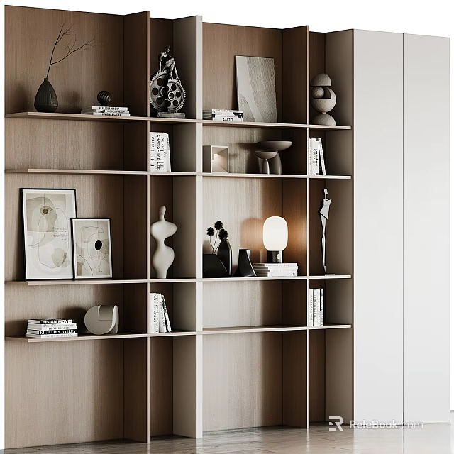 Elegant Modern Wooden Shelving Unit With Books Photo Frames Decorative Items And Lamp 3d model 