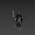 Hooded Game Movie Character With Glowing Eyes Green Gem Holding Glowing Staff In Dim Forest