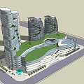 Modern Commercial Complex Interior With Multi Level Staircases Water Fountains And Palm Trees