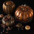 Pumpkin Shaped Copper Gold Metallic Ornament Set With Gears Keys And Various Sizes