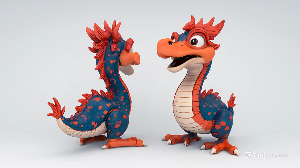 Colorful 3D Cartoon Dragon Characters With Blue Red And Orange Design 3d model 