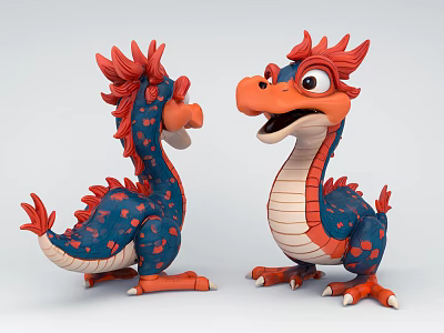 Colorful 3D Cartoon Dragon Characters With Blue Red And Orange Design 3d model