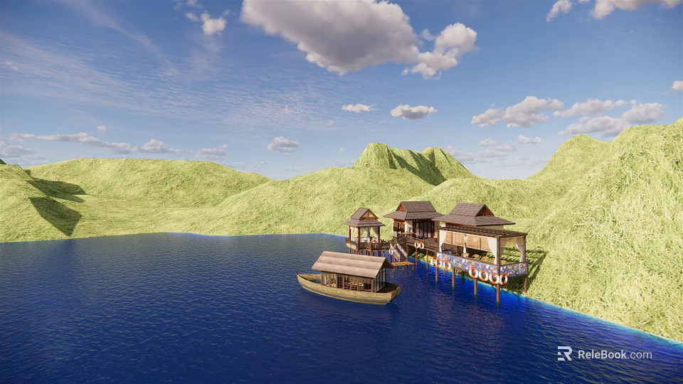 Waterfront Wooden Villas with Green Mountains Boat and Blue Sky View 3d model 