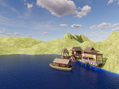 Waterfront Wooden Villas with Green Mountains Boat and Blue Sky View 3d model