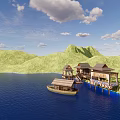 Waterfront Wooden Villas with Green Mountains Boat and Blue Sky View