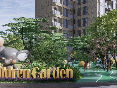 Fun Children's Play Area With Elephant Sculpture Green Plants And Kids Playing Near Tall Buildings 3d model