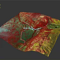 3D Topographic Terrain Model With Green Areas Yellow Mountains And White Roads
