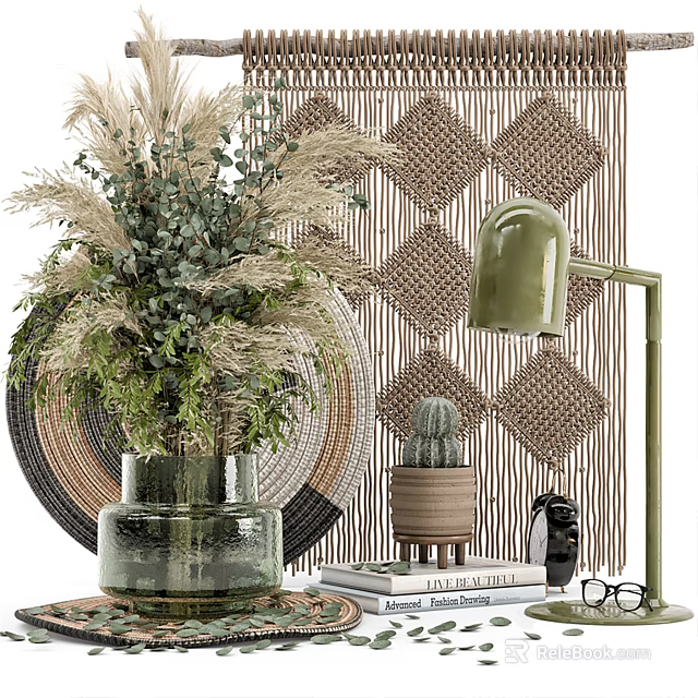Natural Decorative Ornament Set with Woven Wall Art Potted Cactus Green Lamp and Books 3d model 