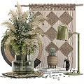 Natural Decorative Ornament Set with Woven Wall Art Potted Cactus Green Lamp and Books