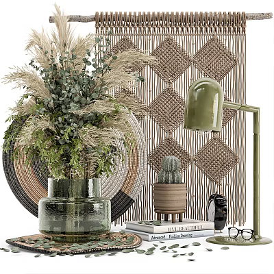 Natural Decorative Ornament Set with Woven Wall Art Potted Cactus Green Lamp and Books 3d model