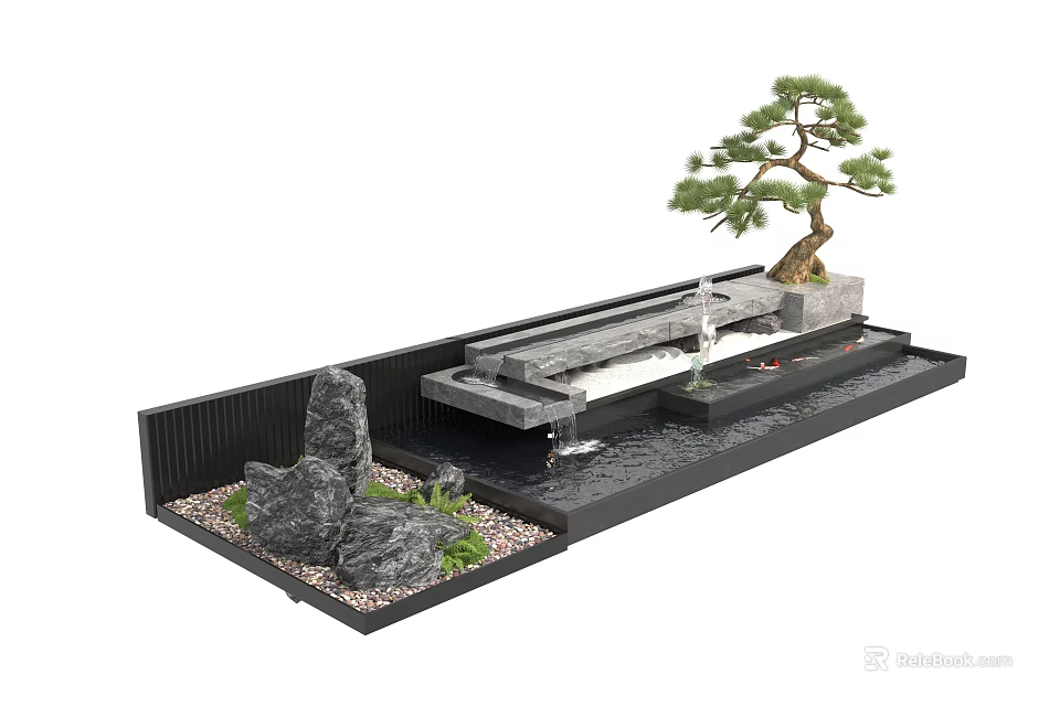 Serene Water Fountain Garden Landscape With Rockery Pine Tree And Flowing Water 3d model 